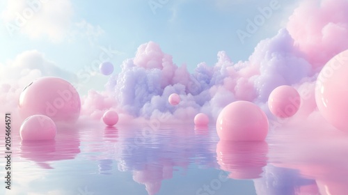 Pastel dreamlike scene with floating spheres and clouds