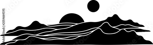 Black mountain range landscape silhouette, sunset scenery, vector illustration, white background
