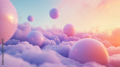 Floating spheres in a pastel-colored cloud sky. Soft, ethereal scene with luminous orbs suspended amidst fluffy clouds.  Gentle colors of sunrise or sunset
