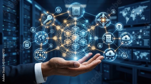 Digital hand holding blockchain network with security icons, padlocks, encryption keys, and cloud computing symbols in server room background. Concept of cybersecurity