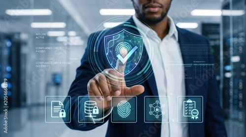 Businessman touching futuristic hologram interface for cybersecurity, data protection and compliance check in modern server room, digital identity verification concept