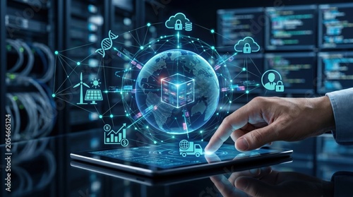 Global network security and data center management concept, hand using tablet to control cloud computing and blockchain connections