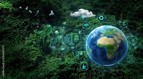 Planet Earth surrounded by green forest background with sustainability icons including recycling, solar energy, carbon footprint, water conservation, biodiversity protection