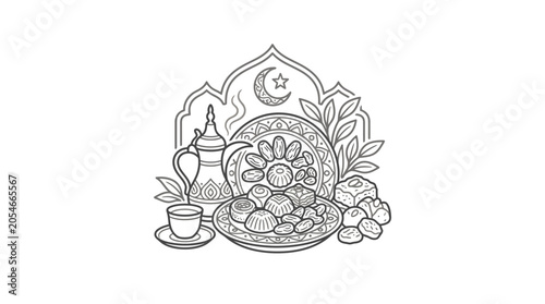 Festive arrangement of tea and sweets with crescent backdrop.