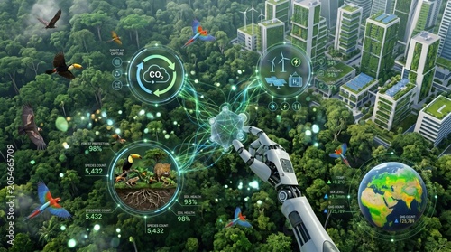 Robotic arm interacting with nature and green city ecosystem, sustainable technology for environmental protection