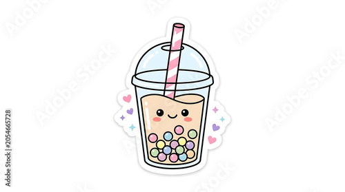 Cartoon bubble tea cup with colorful boba