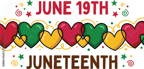 Juneteenth june nineteenth celebration freedom emancipation hearts african american flag colors red black green yellow vector illustration graphic design