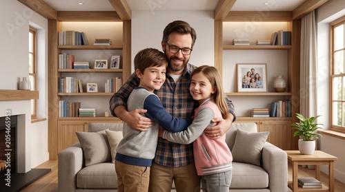 Father hugging children in living room. Father hugging children in front of sofa and bookshelves