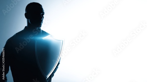 A man in silhouette holding a glowing shield, representing protection and security. The image evokes a sense of strength and safety