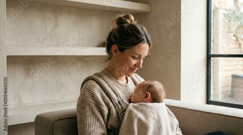 Mother looking at infant in baby carrier. Mother wearing baby carrier with sleeping infant in living room