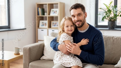 Smiling father and daughter hugging on sofa. Father and daughter embracing while sitting on a sofa at home