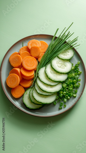 Fresh cucumbers and carrots arranged on a green plate for a healthy meal