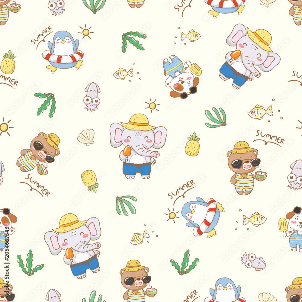 Fototapeta premium Cute Summer Animal Seamless Pattern