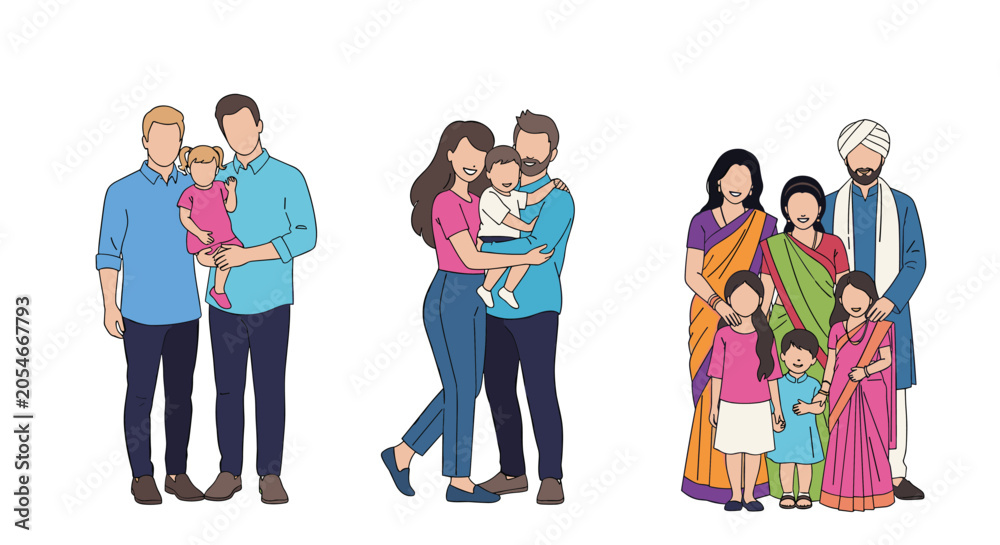 Obraz premium Illustration of three diverse family groups including a gay couple with a child, a young couple, and a traditional Indian family.