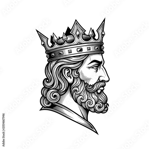 Bild auf Leinwand Black and white profile of regal king with crown and detailed beard
