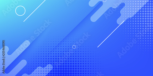 Modern blue geometric background with diagonal lines, circle elements, and halftone dot texture. Minimalist digital graphic wallpaper with copy space.