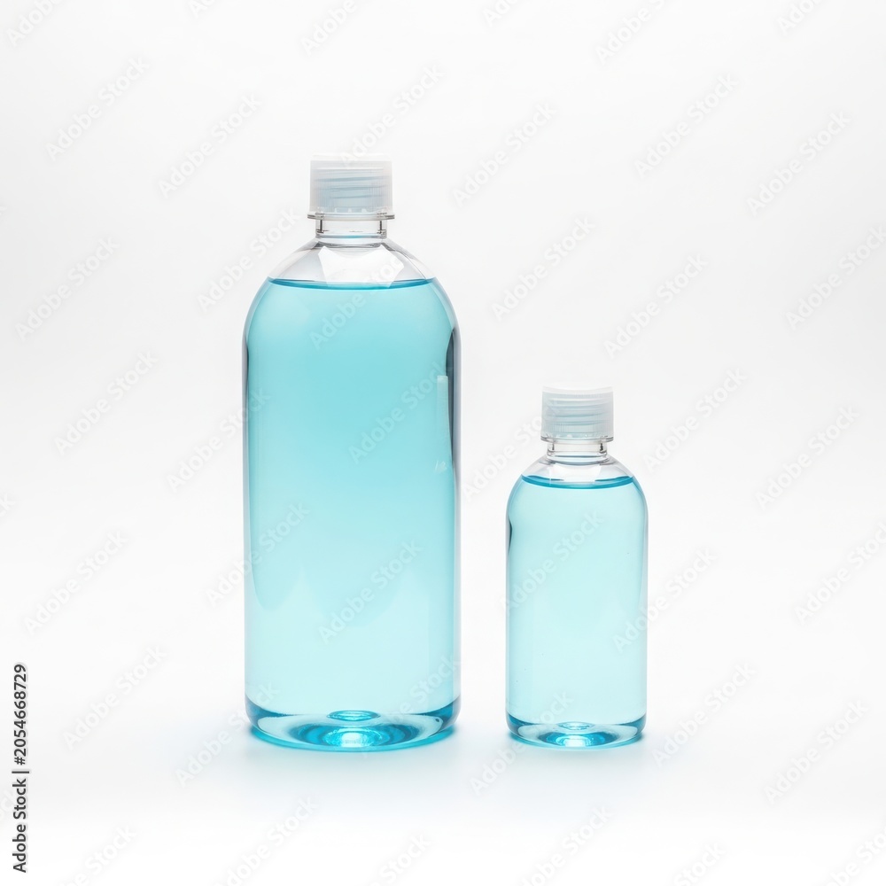 Naklejka premium Two clear plastic bottles with blue liquid isolated on white background