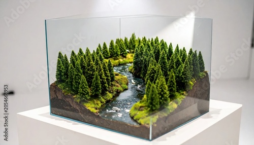Miniature forest landscape in glass box.