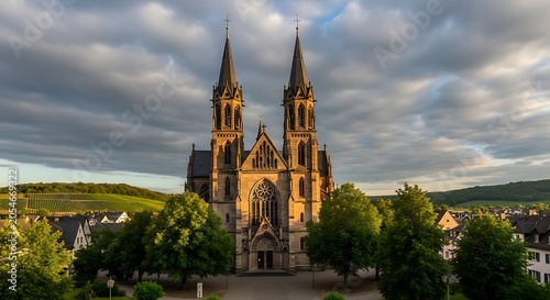 Gothic cathedral with twin spires under dramatic cloudy sky at golden hour