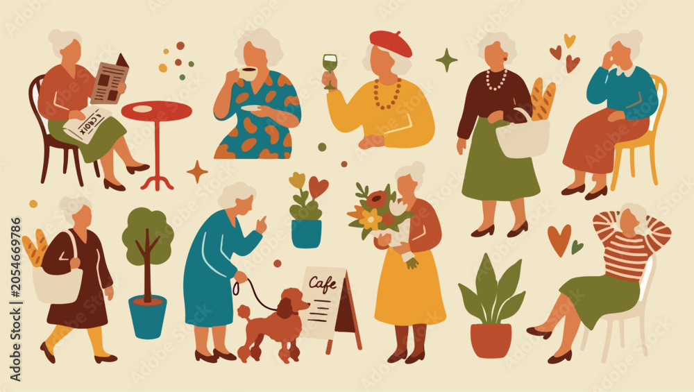 Fototapeta premium Elderly lifestyle activities, happy senior citizens, retirement age hobbies, aging with joy, active older people, garden plants hobby, vintage grandmother pattern, peaceful golden years seniors, elder