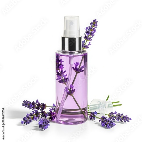 Lavender scented spray bottle with fresh flowers isolated on white background