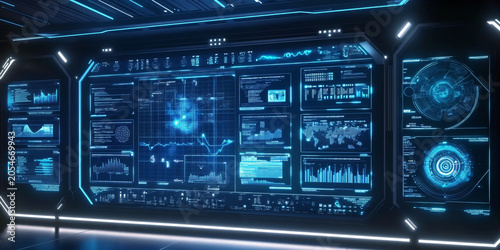 Digital Workspace with AI-Generated Reports on Wall Screen for Business Intelligence and Data-Driven Decision Making