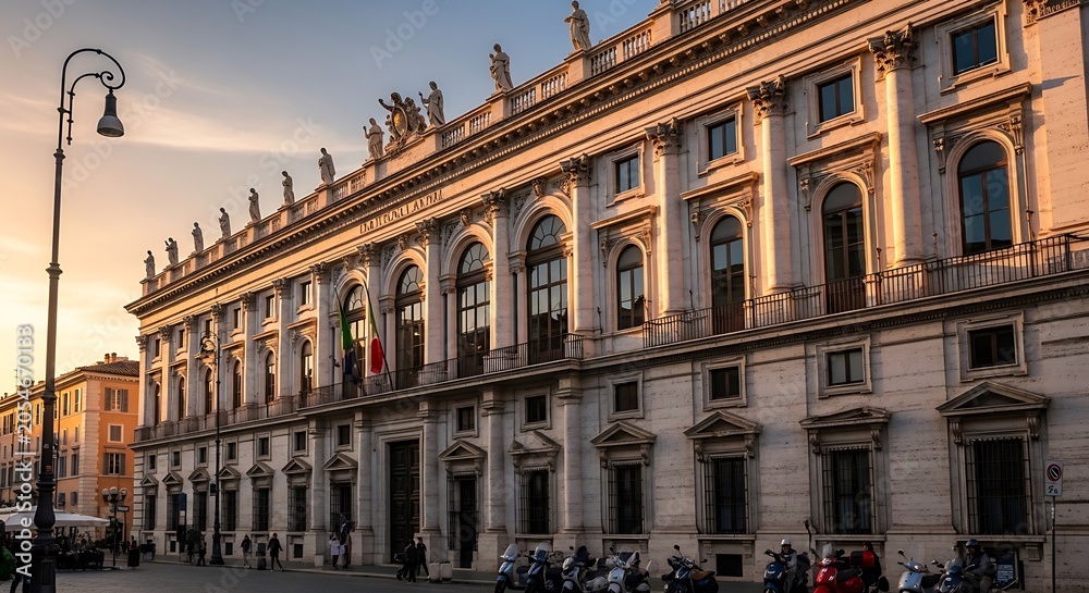 Obraz premium Grand classical architecture building with ornate facade during golden hour at sunset