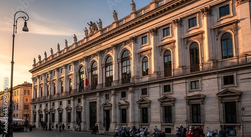 Grand classical architecture building with ornate facade during golden hour at sunset