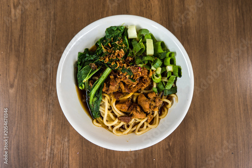Top View of Mie Ayam Indonesian Noodle Dish with Bok Choy