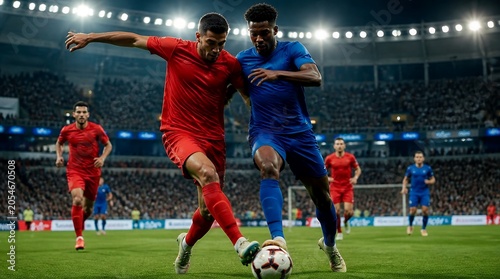 Two Male Soccer Players Competing for the Ball on a Green Field in a Stadium