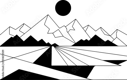 Geometric mountain range, minimalist landscape, black and white vector, modern illustration, abstract peaks