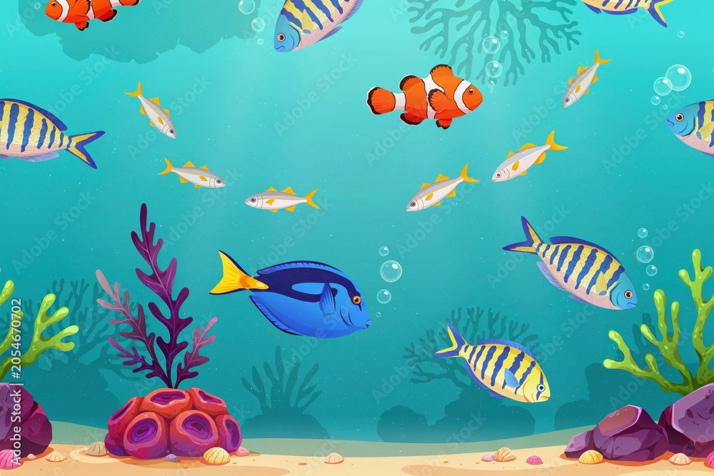Obraz premium Underwater scene with colorful tropical fish, clownfish, blue tang, and coral reef plants on a sandy ocean floor with bubbles in blue water
