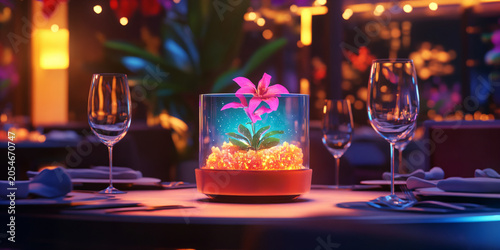 Dining Space with Holographic Centerpiece Changing per Occasion for Futuristic Interior Design and Smart Home Innovation
