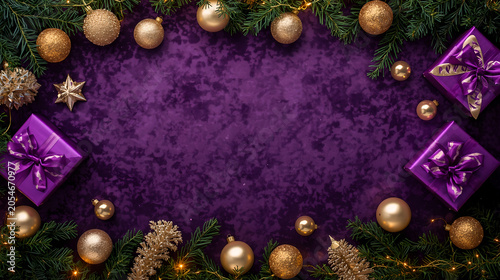 Premium Christmas background with purple velvet texture golden ornaments and gift boxes wrapped in satin ribbons