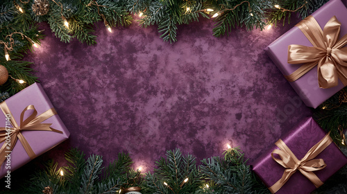 Elegant Christmas background with lilac gift boxes, gold ribbons, pine needles, fairy lights, and copy space on purple textured background.