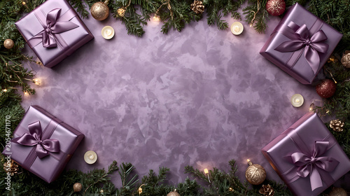 Beautiful Christmas background with purple gift boxes, satin bows, pine needles, golden ornaments, and small candles on lilac textured background.