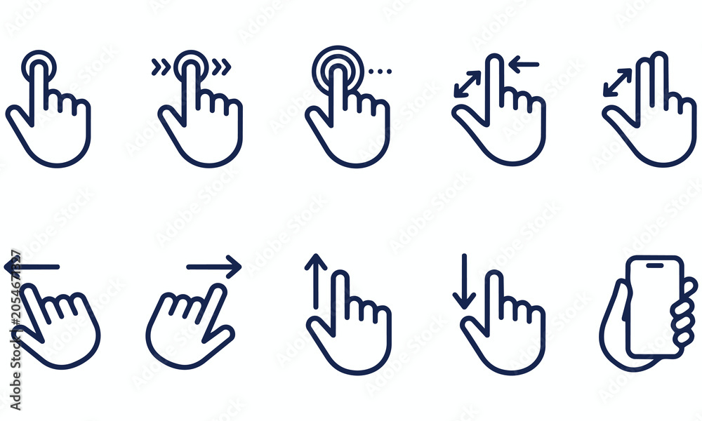 Fototapeta premium Mobile touch screen gesture icon set for user interface with interface smartphone interaction technology navigation pointing software application touchscreen interactive