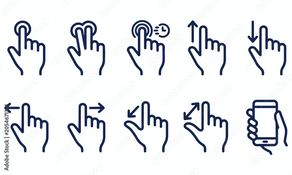 Fototapeta premium Set of hand gesture icons for smartphone touch screen interface navigation with smartphone navigation interaction interface technology direction movement application software