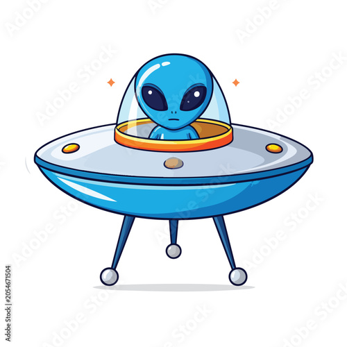 Cute Cartoon Alien Pilot Inside A Blue Flying Saucer Spaceship.