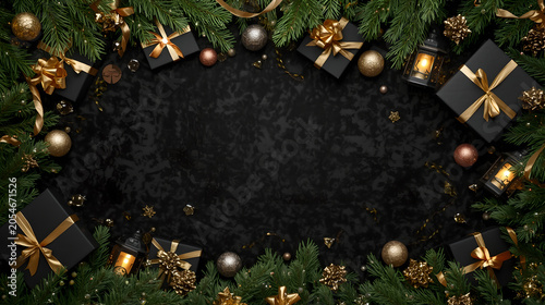 Festive Christmas background with black gift boxes golden ornaments and vintage lanterns on black textured backdrop