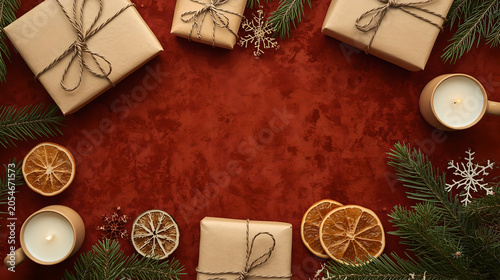 Traditional Christmas flat lay on red textured surface with rustic kraft gifts and dried orange slices