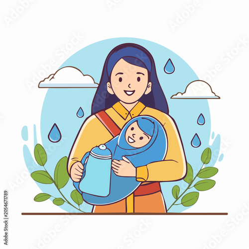 Mother holding baby in rain