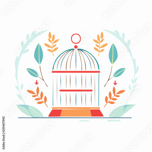 Stylized Birdcage Illustration with Floral Elements