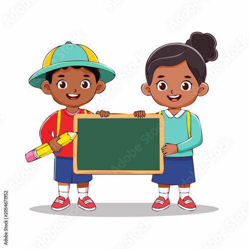 Two Diverse Children Holding a Chalkboard and Pencil