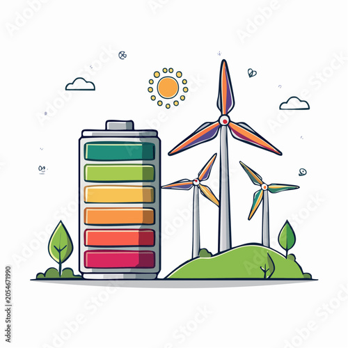 Wind Turbines and Battery Icon for Renewable Energy