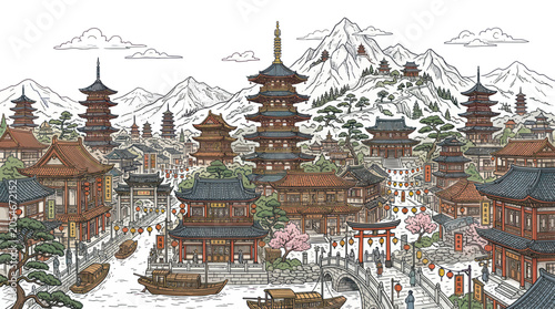 Photos Traditional oriental city with pagodas river boats and snowy peaks
