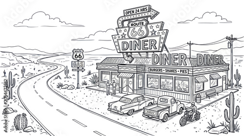 Fotografie Vintage roadside diner along a desert highway with classic cars