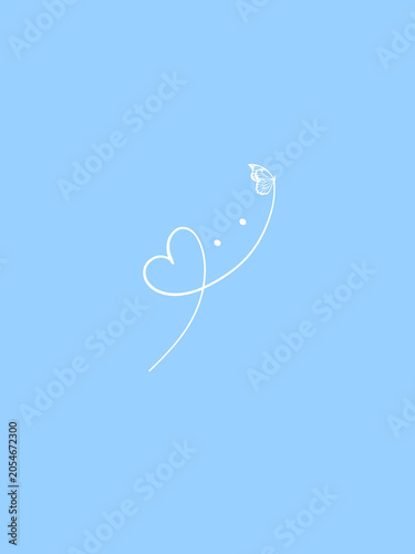 Simple line art of heart and butterfly with dots on light blue background
