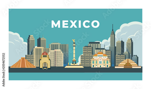 Schilderij op canvas Mexico City Skyline Vector Illustration with Famous Historic skyscrapers
