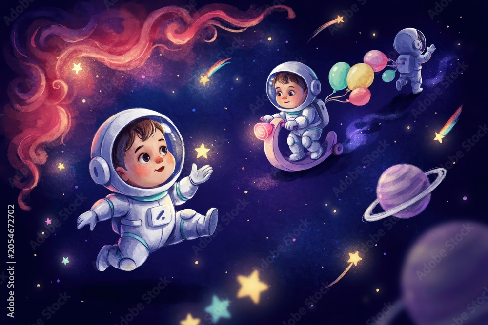 Naklejka premium Whimsical of cute babies in astronaut suits floating in space with colorful balloons, planets, and stars on a dark background